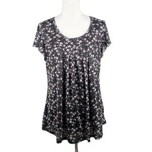 Furnex Black Pink Floral Crewneck Casual Classic Flowy Short Sleeve Top Size L